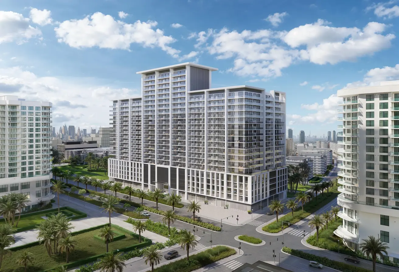 Exterior view of the modern high-rise Binghatti Amberhall building surrounded by palm trees and cityscape in Dubai