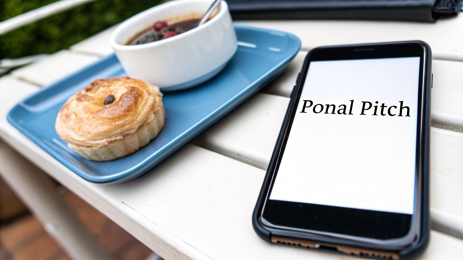 A smartphone displaying 'Ponal Pitch' sits on a white table next to a pastry and drink.