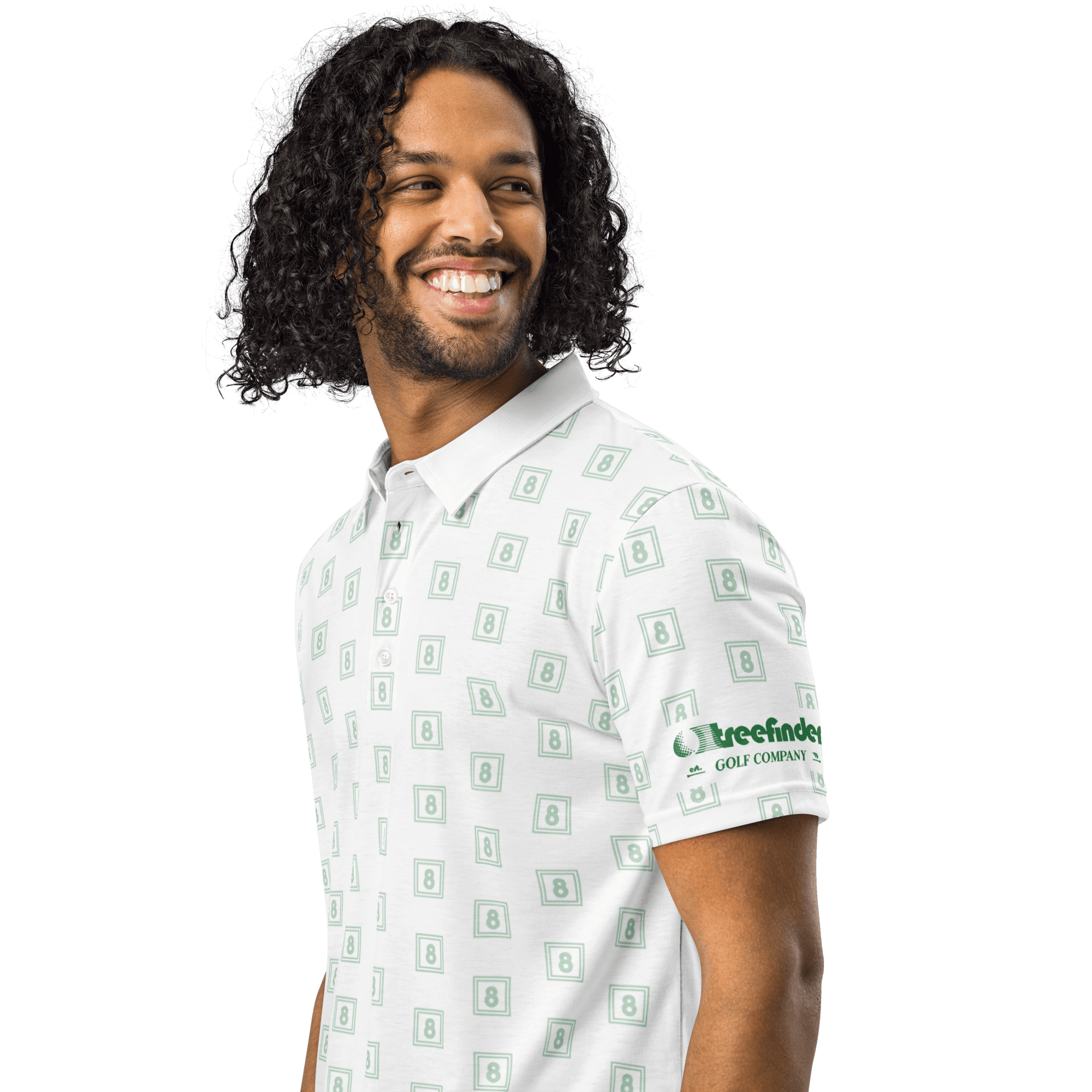 Graphic design mockup of man wearing golf polo shirt for Treefinder Golf Company — bold, wordmark style logo with decorative sans serif typography, designed by Will Lefkovich.