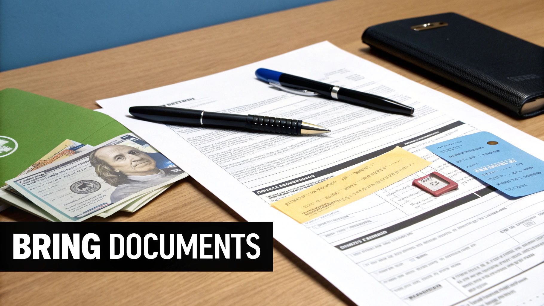 Important documents including cash, identification cards, and papers needed for legal consultation appointment