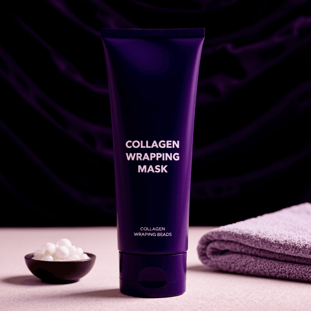 product photography of tube of collagen wrapping mask