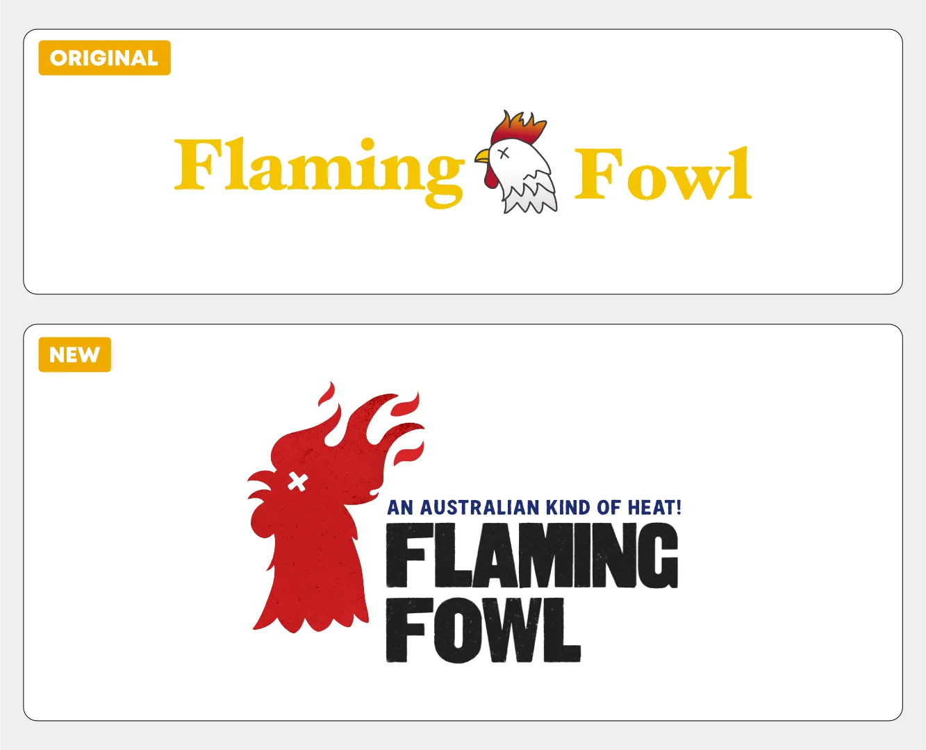 Brand identity evolution for Flaming Fowl by Andrew Salfinger, comparing a simple yellow "Original" logo with a modernized "New" bold red flame-crested mascot and heavy black typography.