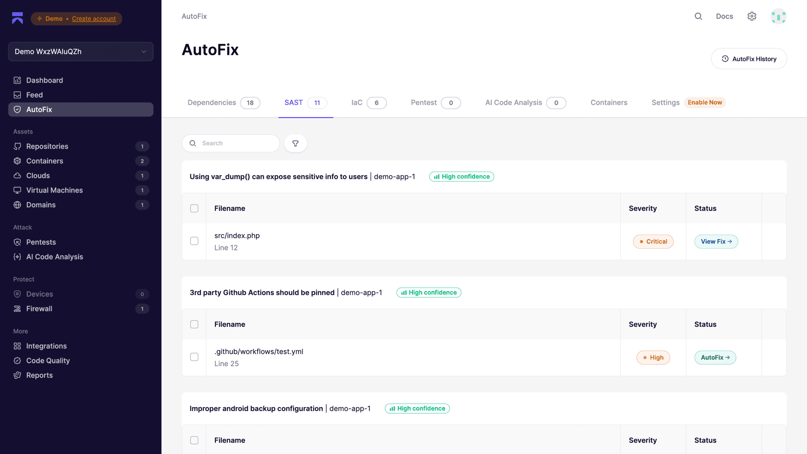 Aikido Security SAST findings in the AutoFix view showing critical and high severity issues with file locations and confidence labels