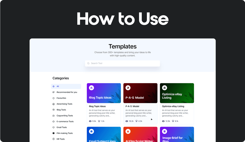 Image of AI blog writer tool with sidebar menu, blog outline on left, generated content on right, and bold header 'A Guide to Using this Tool.'