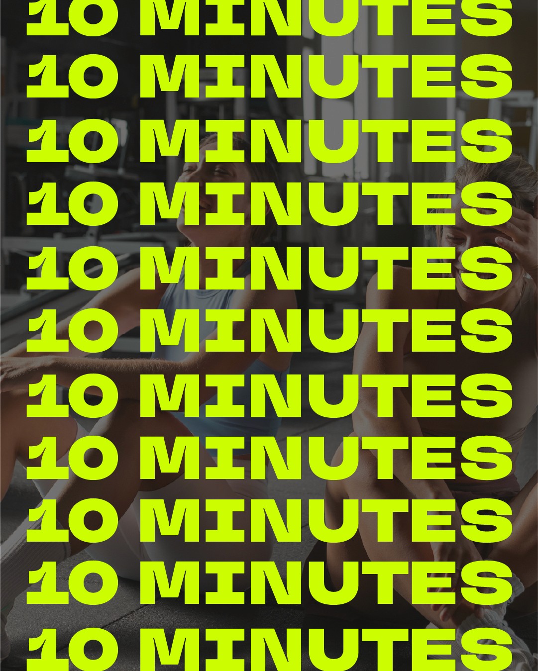 Visuel typographique GRC Coaching noir et vert fluo avec la mention répétée “10 minutes”, template pour conseils sport rapides.