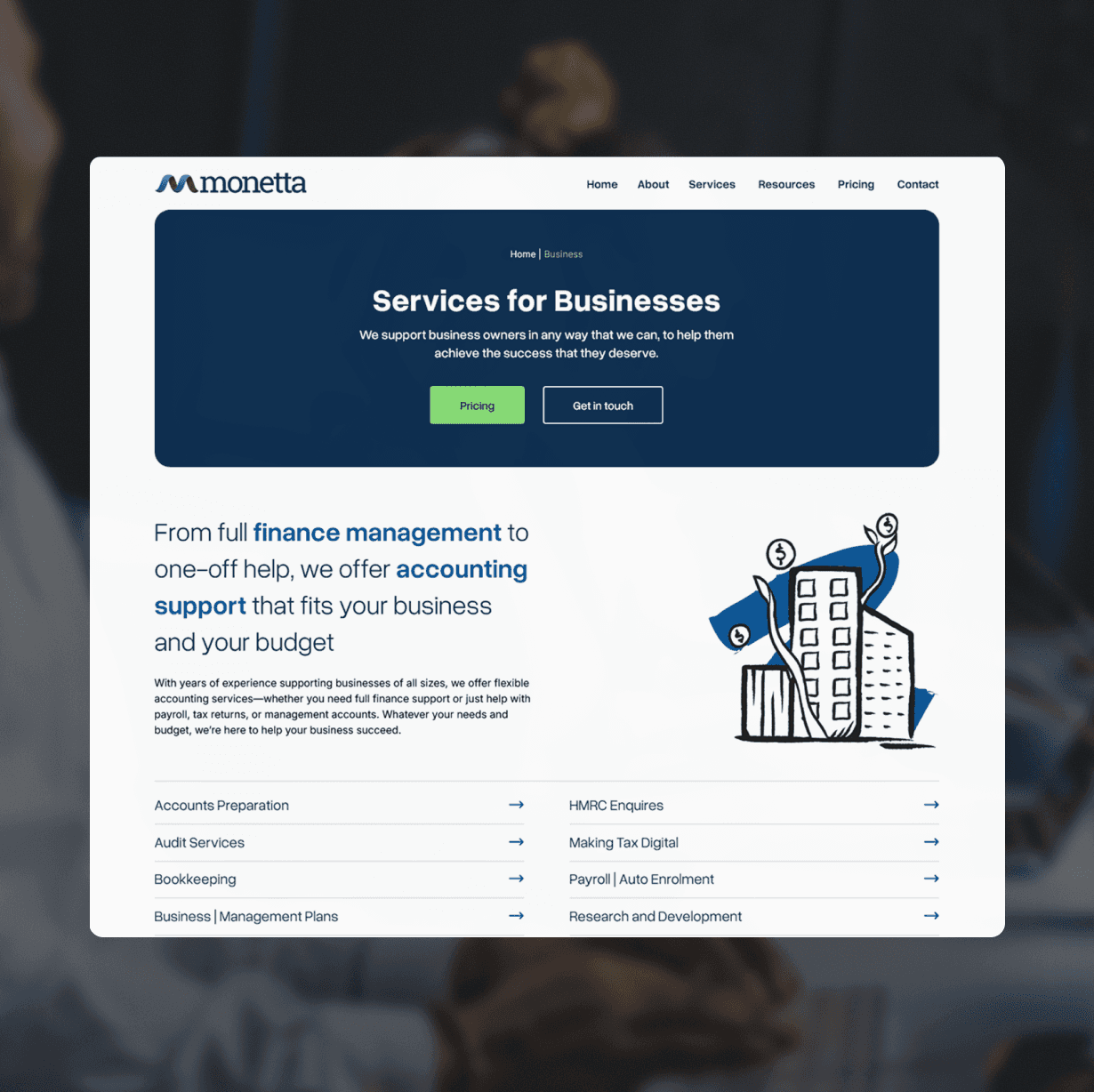 Monetta business services website with "Services for Businesses" and accounting support options.