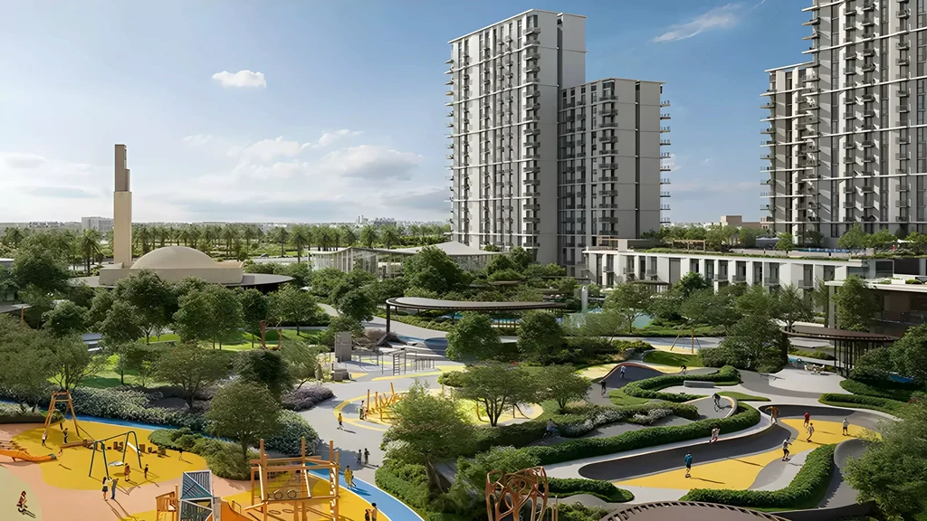 Conceptual artwork of the park in Hillsedge by Emaar, featuring lush greenery and inviting recreational areas. 