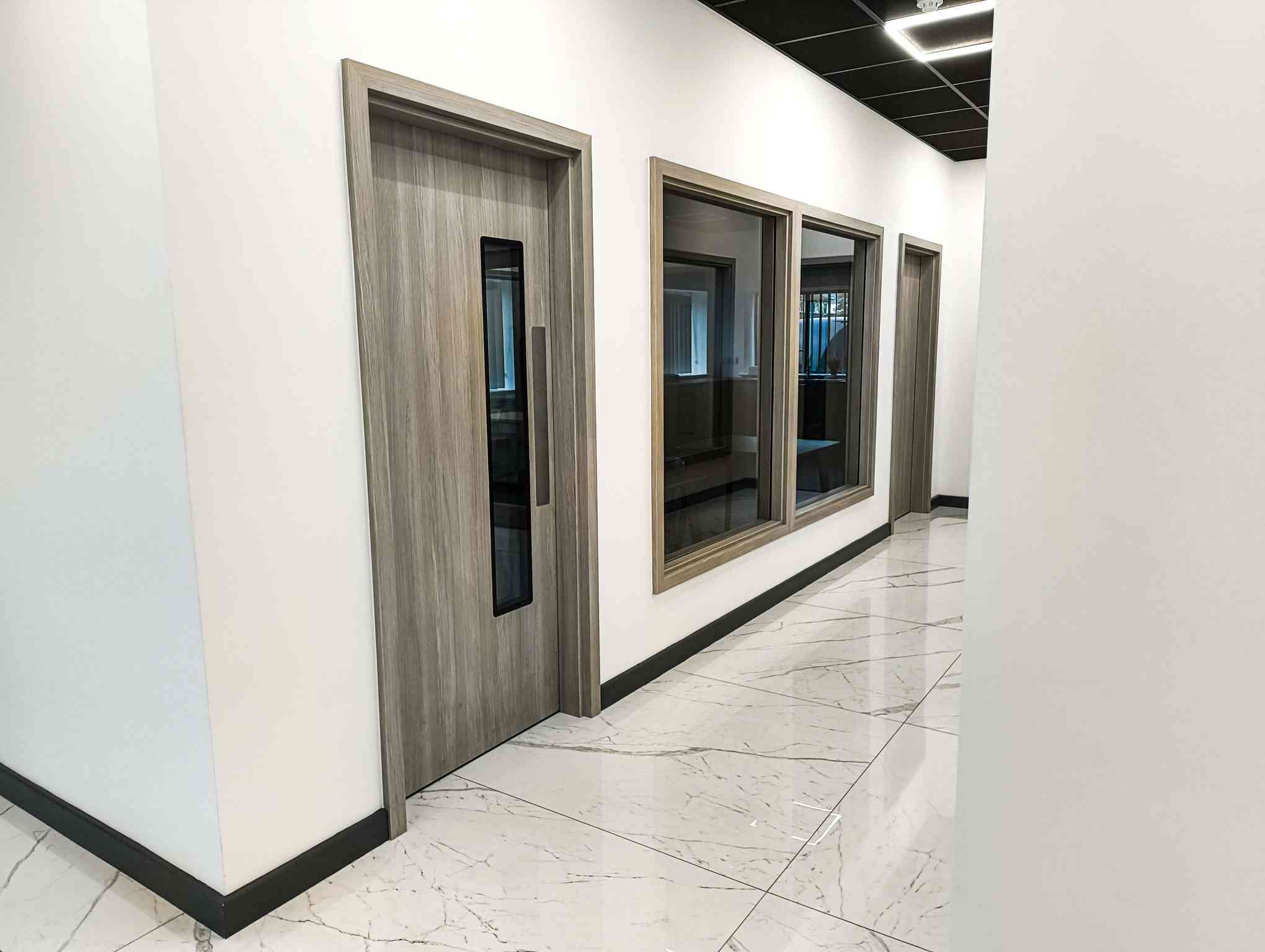 Fire-rated Hygidoor and Hygiscreen in a woodgrain finish