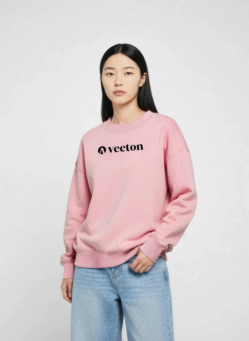 AI-generated model with long black hair in pink Veeton sweatshirt and light blue jeans