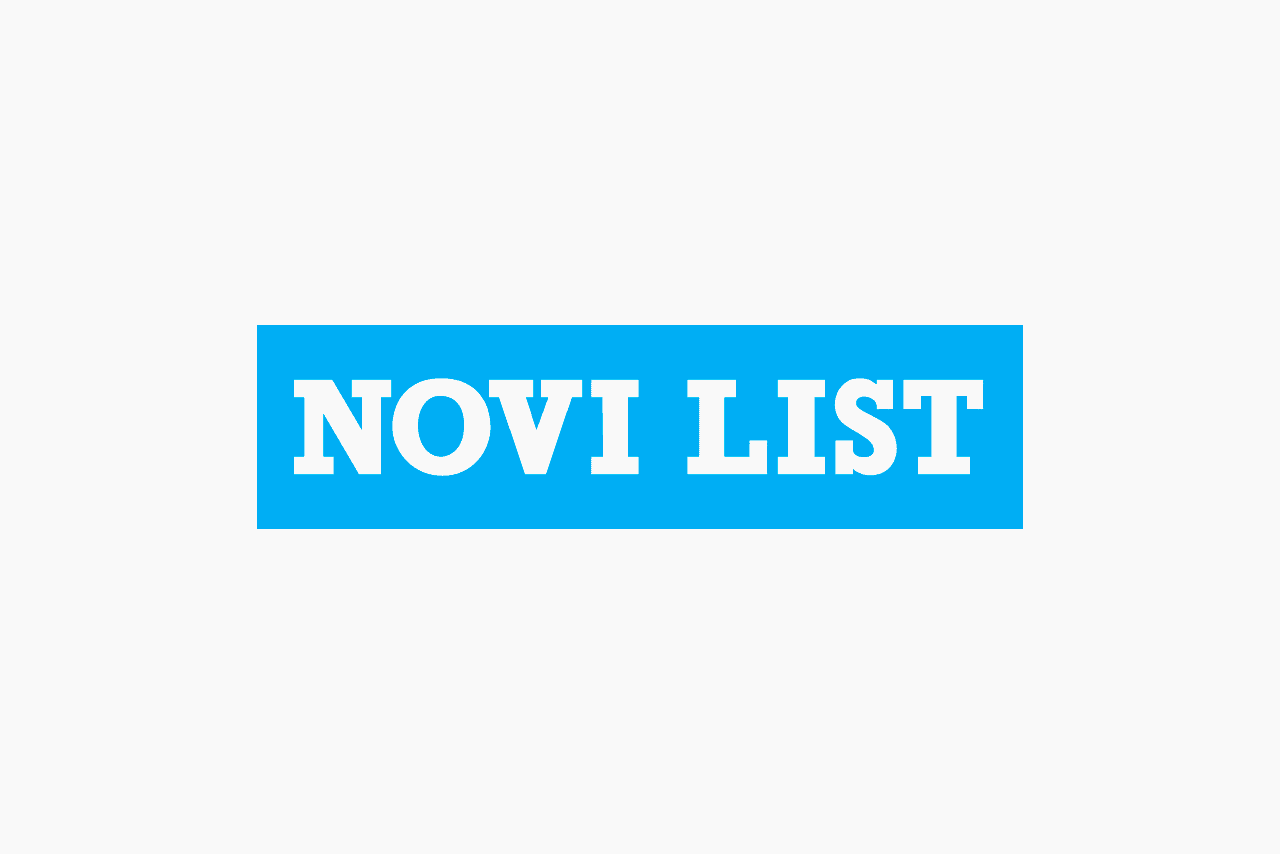 Novi list logo. Wide blue rectangle with the words Novi List in a slab serif font