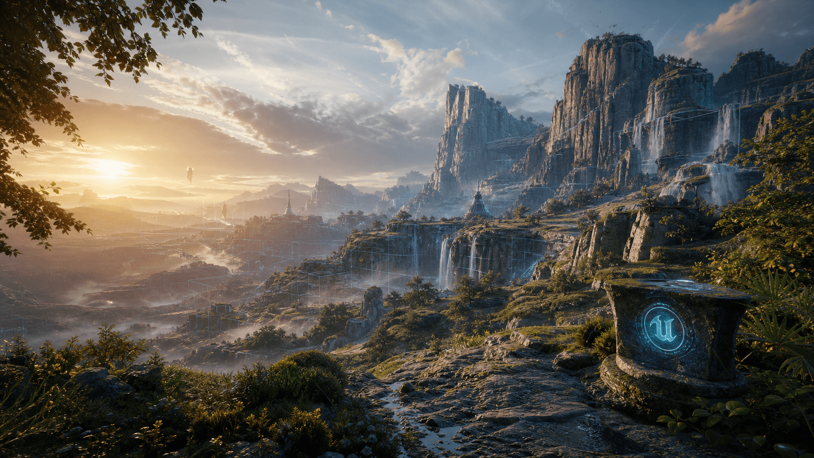 Cinematic Unreal Engine landscape with cliffs, waterfalls, vegetation, and sunset lighting for a UE 5.8 overview.