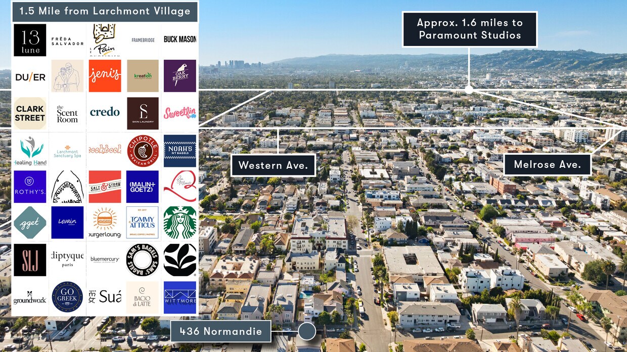 Aerial view showing proximity to Larchmont Village, Melrose Ave, and Western Ave near 436 Normandie Pl.