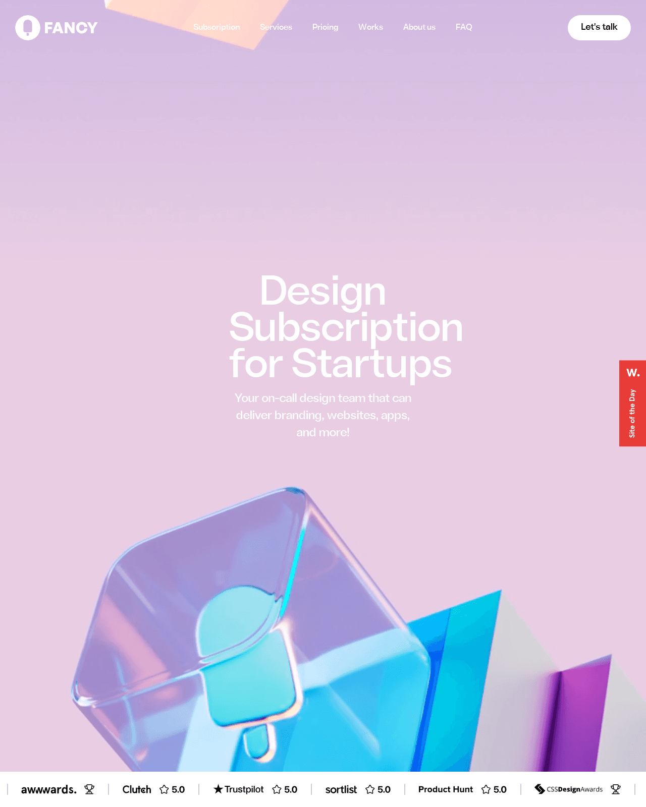 Website homepage showcasing the phrase "Design Subscription for Startups" in a clean, professional design.