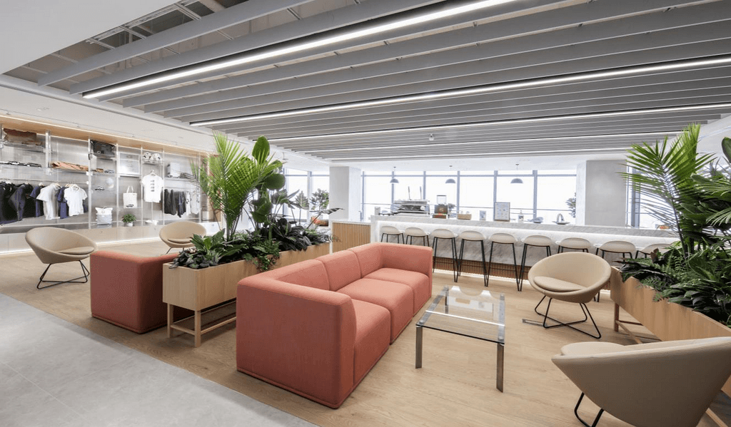 Vibrant Open Office floor with ergonomic desks, blue accents, and a communal meeting table in Boomi.