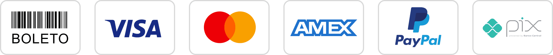 Formas de pagamento aceitas: boleto bancário, Visa, Mastercard, American Express, PayPal e Pix.
