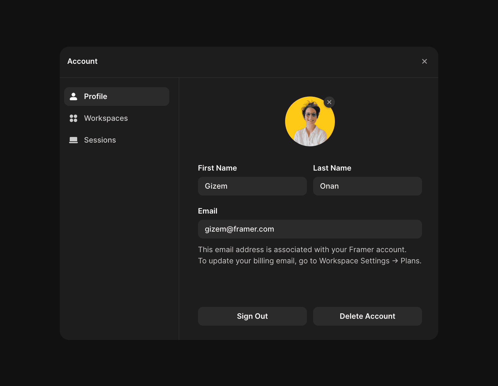 A user account management interface in dark mode. The "Profile" tab is selected, showing a profile picture with a yellow background at the top. Fields for "First Name" (Gizem), "Last Name" (Onan), and "Email" (gizem@framer.com) are visible. A message indicates the email is tied to the Framer account, with instructions for updating billing details. Action buttons include "Sign Out" and "Delete Account.”