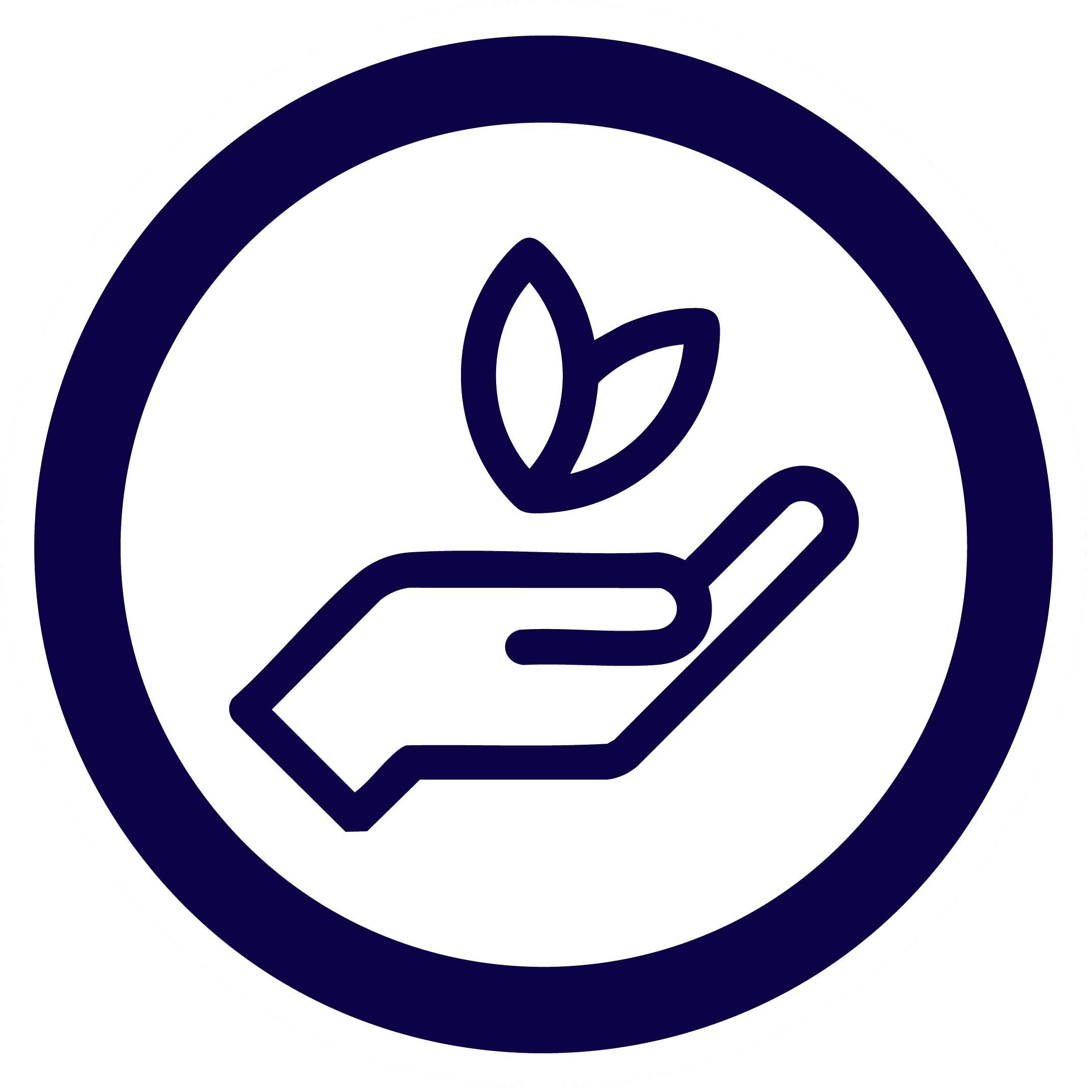 circle icon of a hand palm up holding a floationg leaf cluster in a blue circle