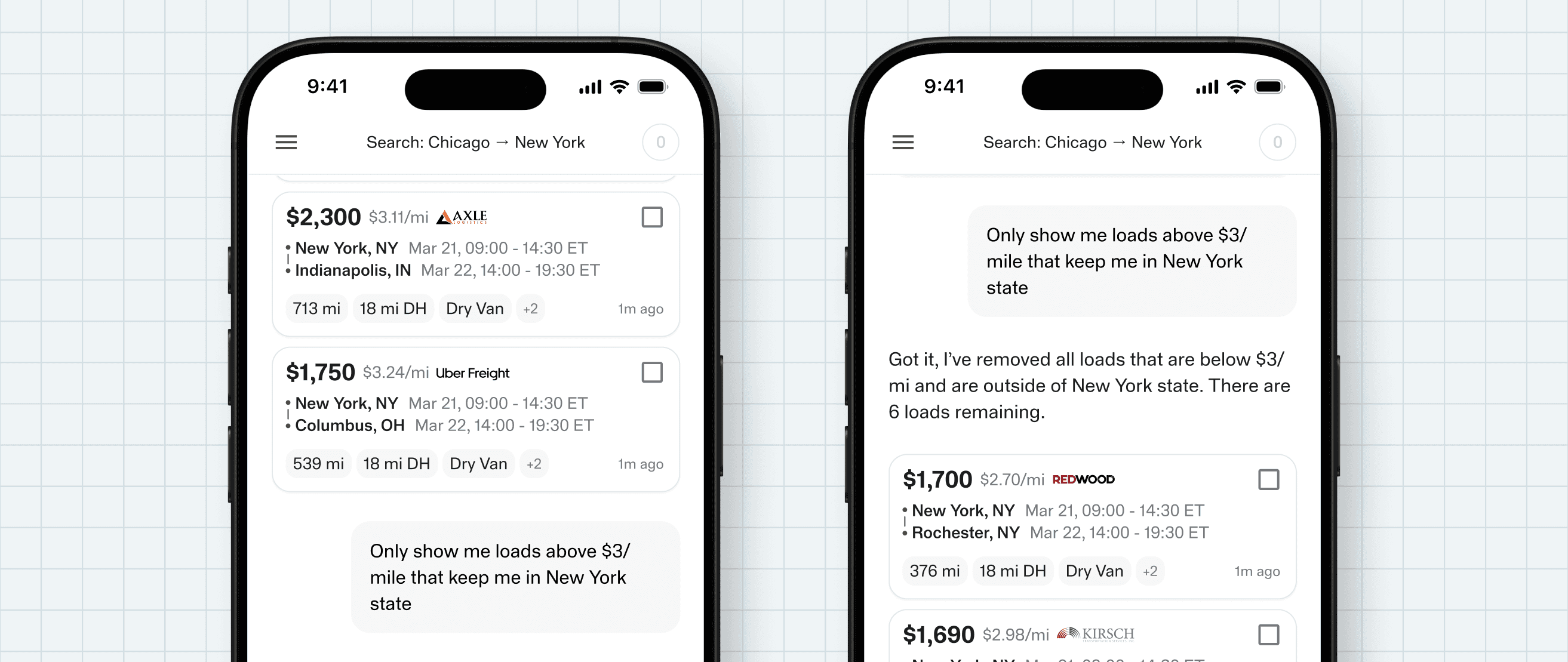 Dispatch app screenshot showing a carrier filtering load results by rate per mile and state preference using a plain language request, with the AI instantly narrowing results to six qualifying loads.