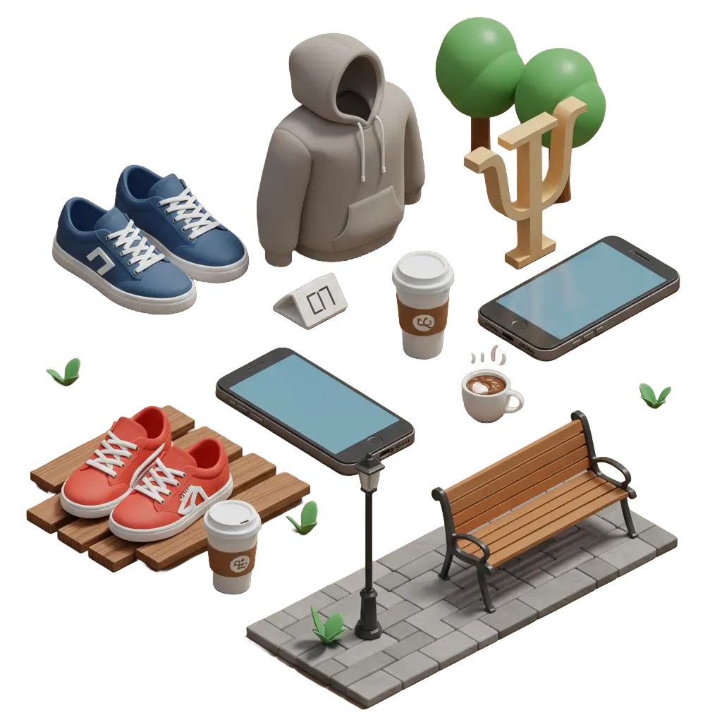 A collection of stylized 3D objects represents the supportive environment created by a social worker for at-risk youth and psychiatric care. The scene includes casual sneakers in two colors, a cozy hoodie, and takeaway coffee cups, evoking comfort and youthfulness. Two smartphones and a bench on a paved path suggest communication and a safe meeting place. A streetlamp and greenery add to the sense of a welcoming public space. The inclusion of a psychology symbol and a pair of trees highlights mental health support and care. The overall composition symbolizes a social worker’s role in providing guidance, safety, and psychological support for vulnerable youth in a community setting.