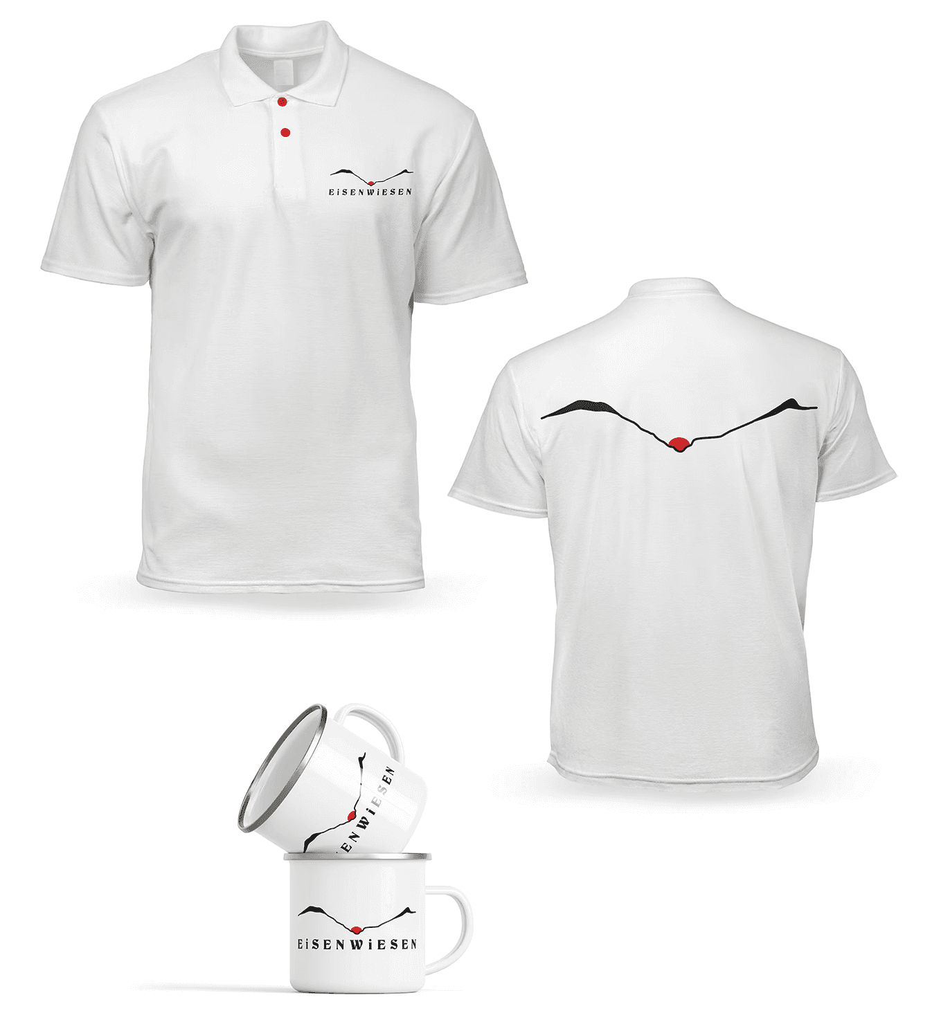 Merchandise: T-Shirts bedruckt und Emaille Tassen