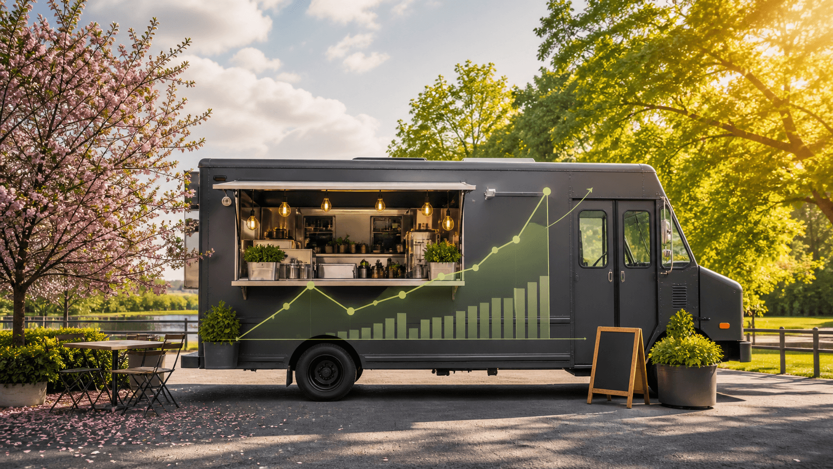 A food truck in a landscape transitioning from spring blossoms to summer sunlight, with subtle green sales charts.