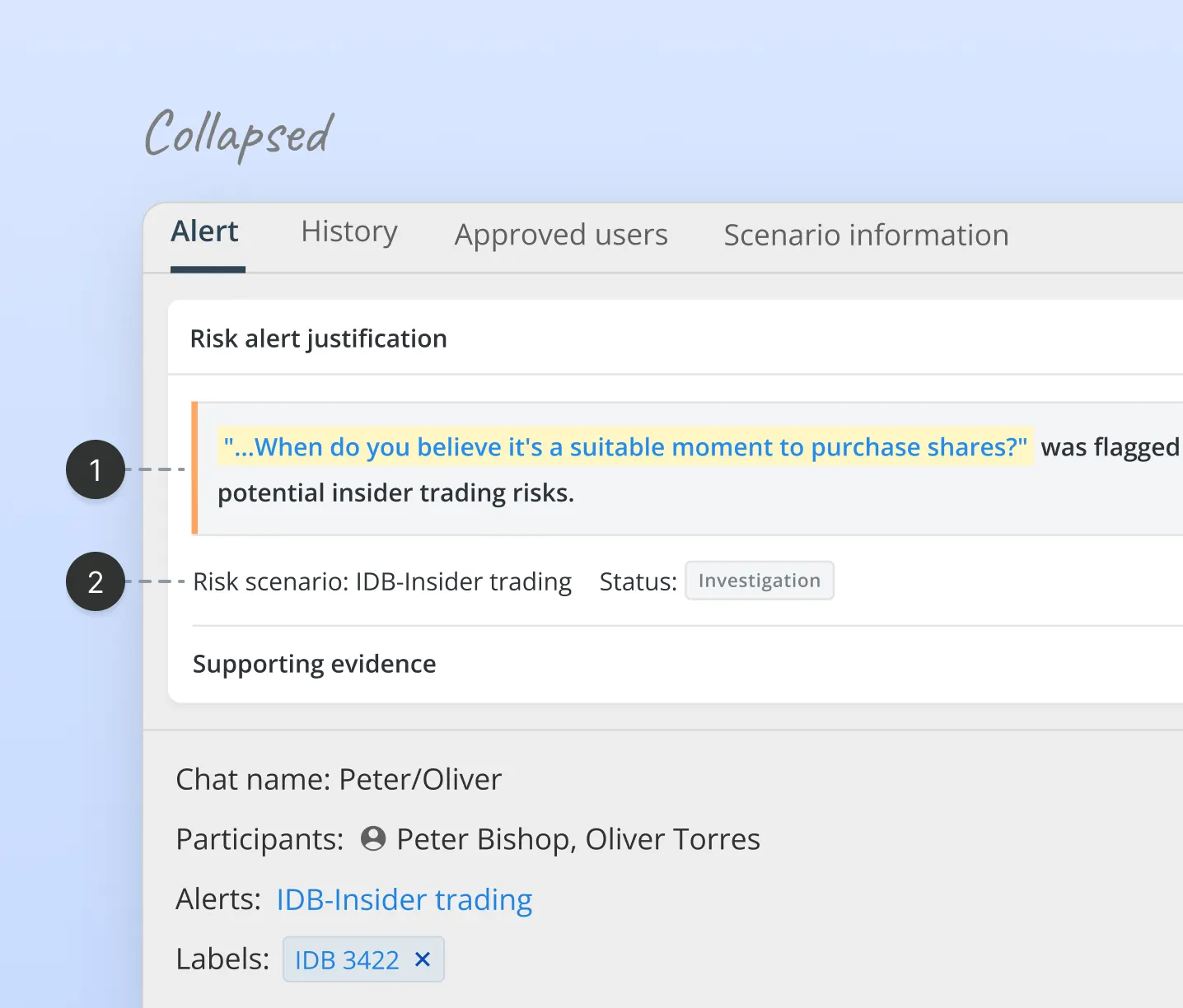 Improved Behavox risk alert justification component, collapsed  state. Flagged insider trading signal elevated with orange left  border. Risk scenario and status surfaced inline. Secondary  metadata hidden by default. UX case study by Yanick, senior  product designer.