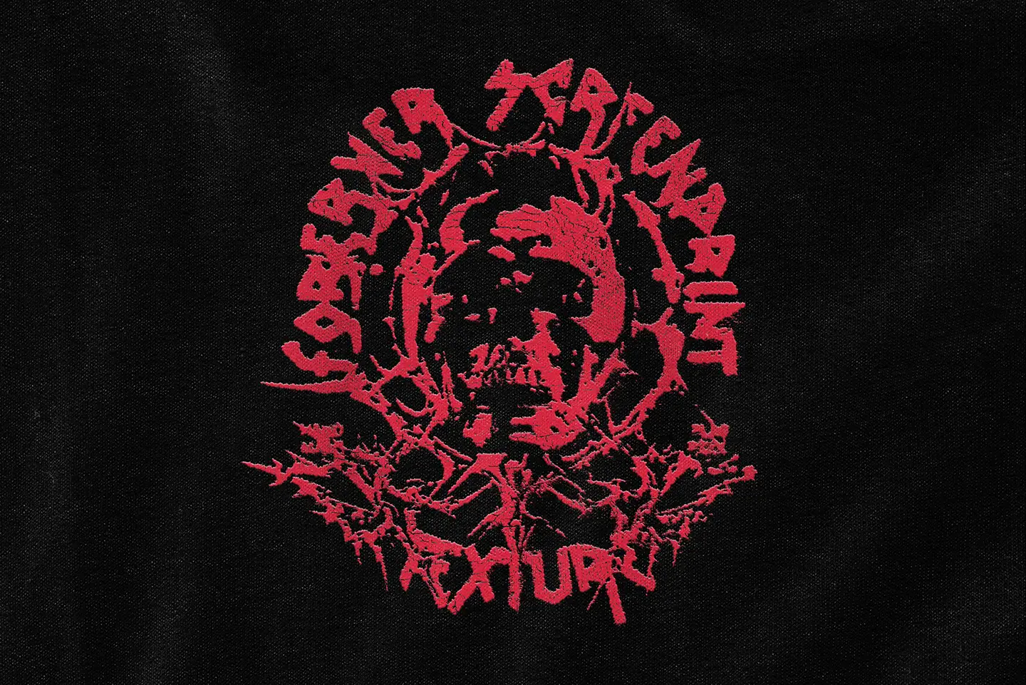 Vintage screen print design example using cracked plastisol ink texture on black fabric