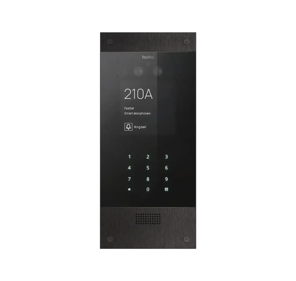Black smart home device with screen showing time and temp