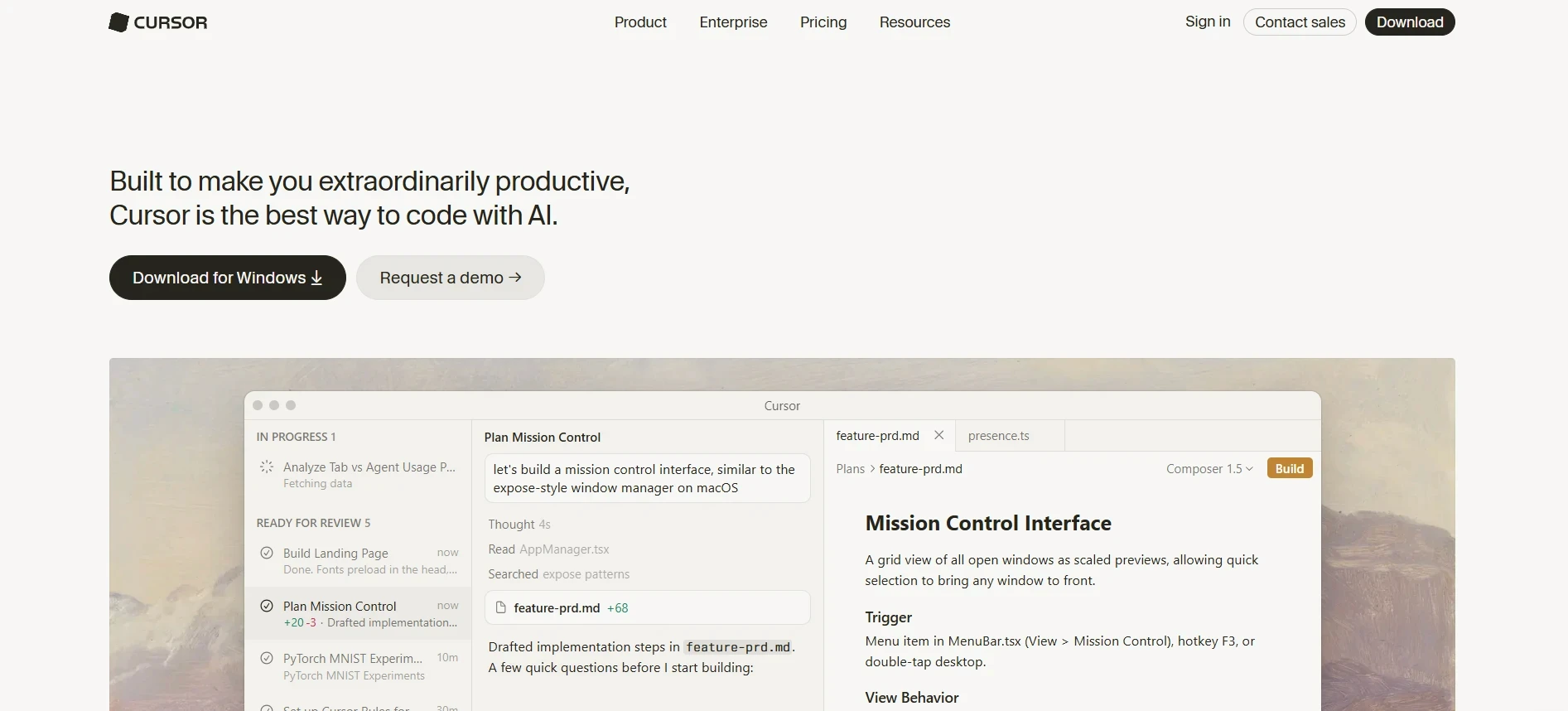 Cursor website homepage featuring an AI code editor interface and coding demo.