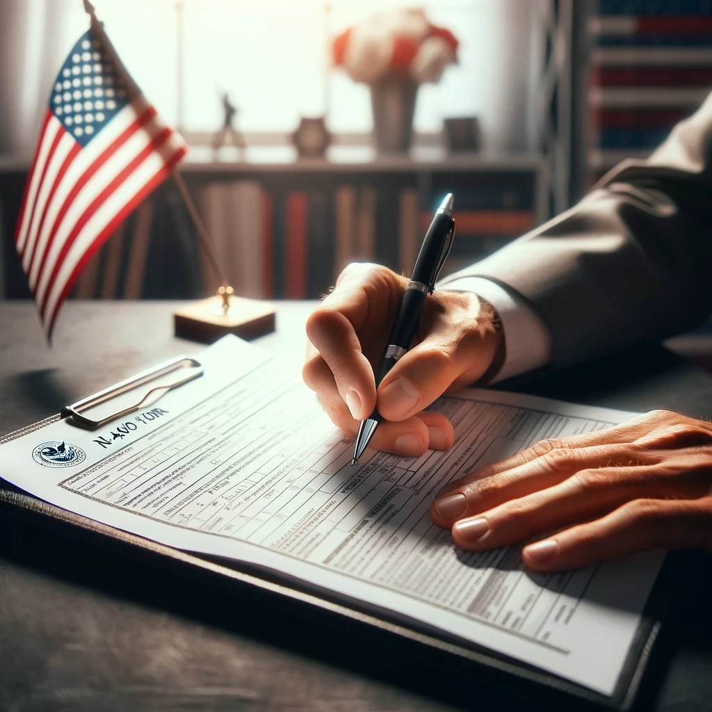 A diverse group of individuals in business casual attire, united in holding up a large American flag in front of a USCIS building, symbolizing their journey to U.S. citizenship under a clear blue sky.