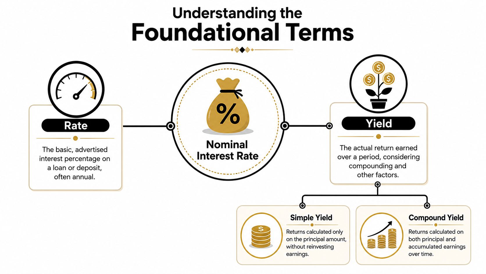 An infographic titled Understanding the Foundational Terms, explaining the differences between interest rate, nominal interest rate, and yield.