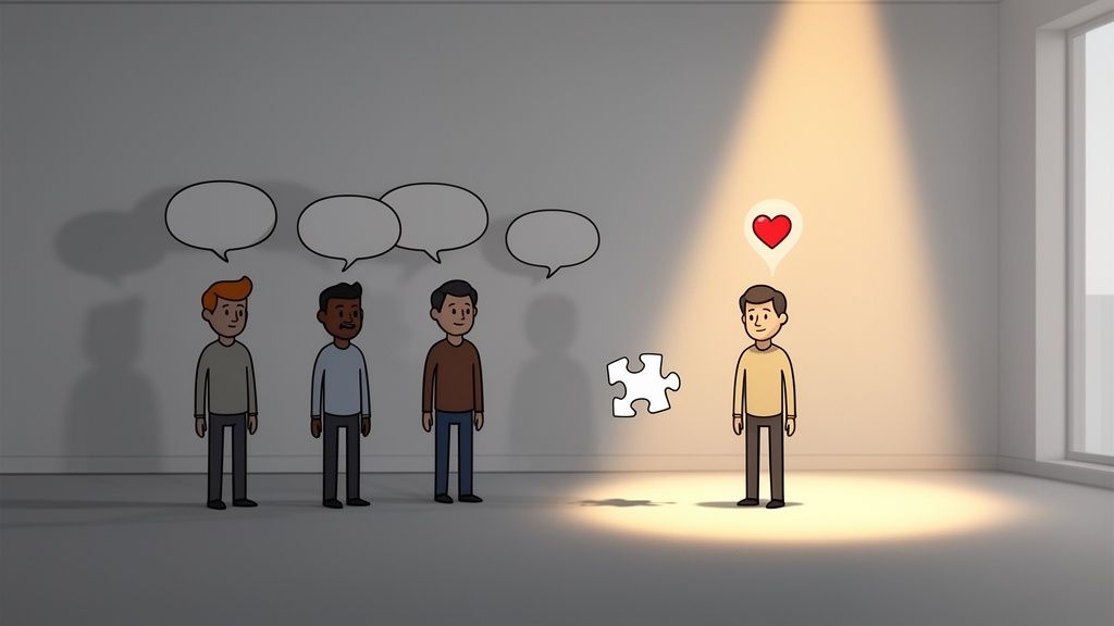 A group of people in the dark with empty speech bubbles, one in a spotlight with a heart, and a puzzle piece.