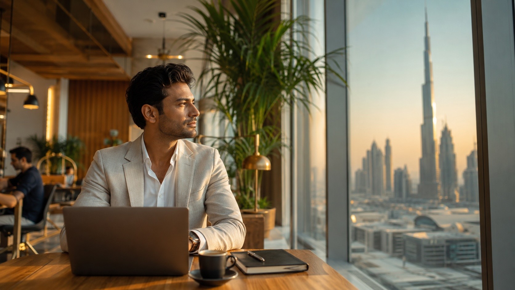 Entrepreneur working in a Downtown Dubai coworking space with Burj Khalifa visible through the window, illustrating the 2026 Golden Visa boom