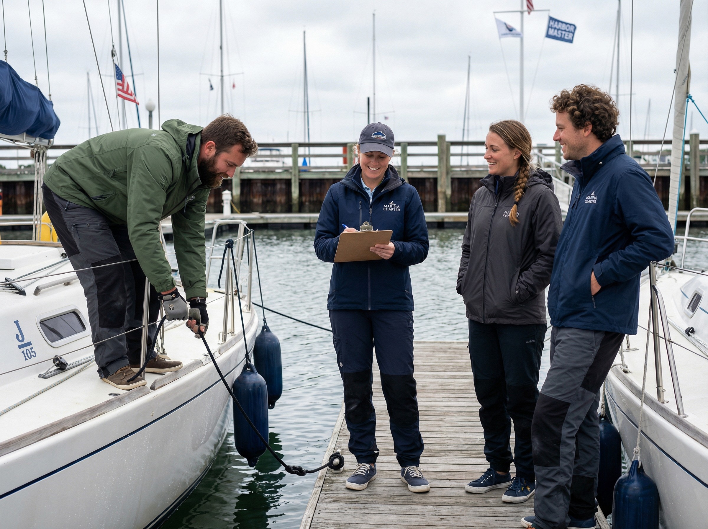 Ein Team in einheitlichen Jacken steht lachend am Chartersteg, bereit zum Boarding auf zwei bereitliegenden Kielbooten. Eine Trainerin prüft Namen auf einer Liste, während ein anderer die Leinen löst. Im Hintergrund wehen Standortflaggen über dem Wasser.