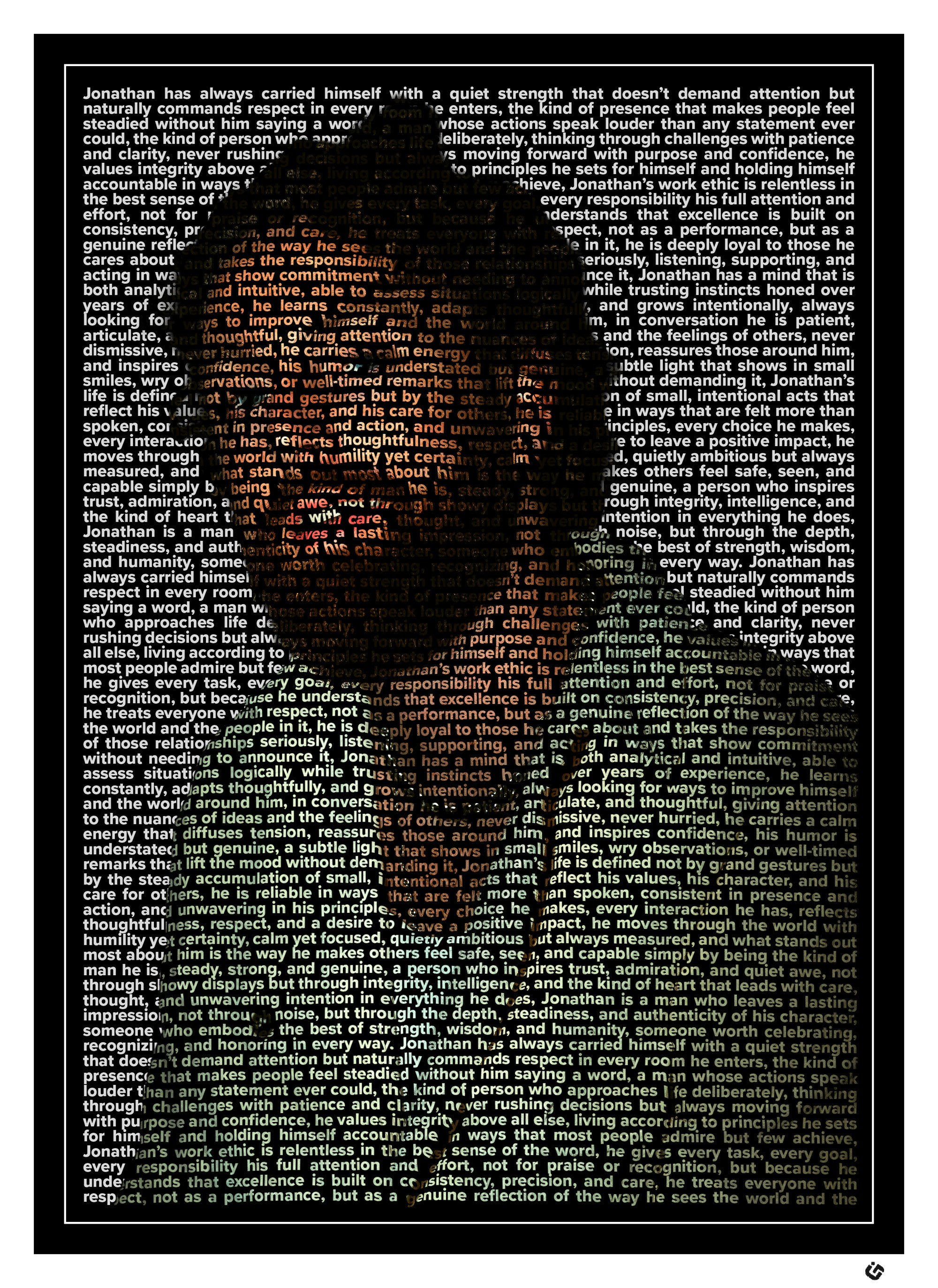 Custom text portrait artwork of a man with curly hair looking slightly to the side. His face, hair, and clothing are formed entirely from dense colored text. The piece features a thin white border, a black border, and a white mat, presented in a modern framed style.