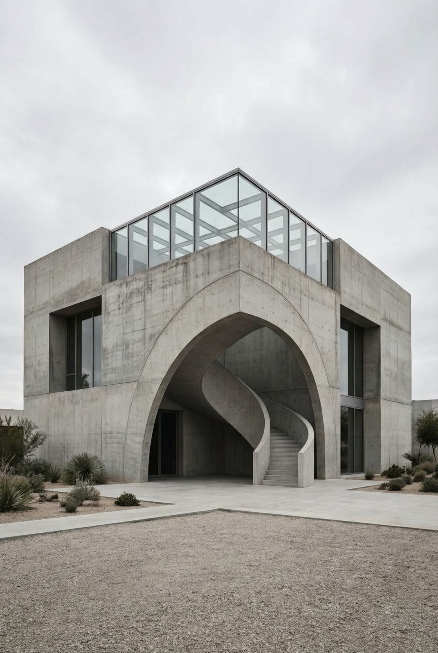 A minimalist two-story white stucco building featuring a large geometric archway that houses a sculptural spiral staircase and a glass-enclosed rooftop terrace.  Interiors & Sculptural