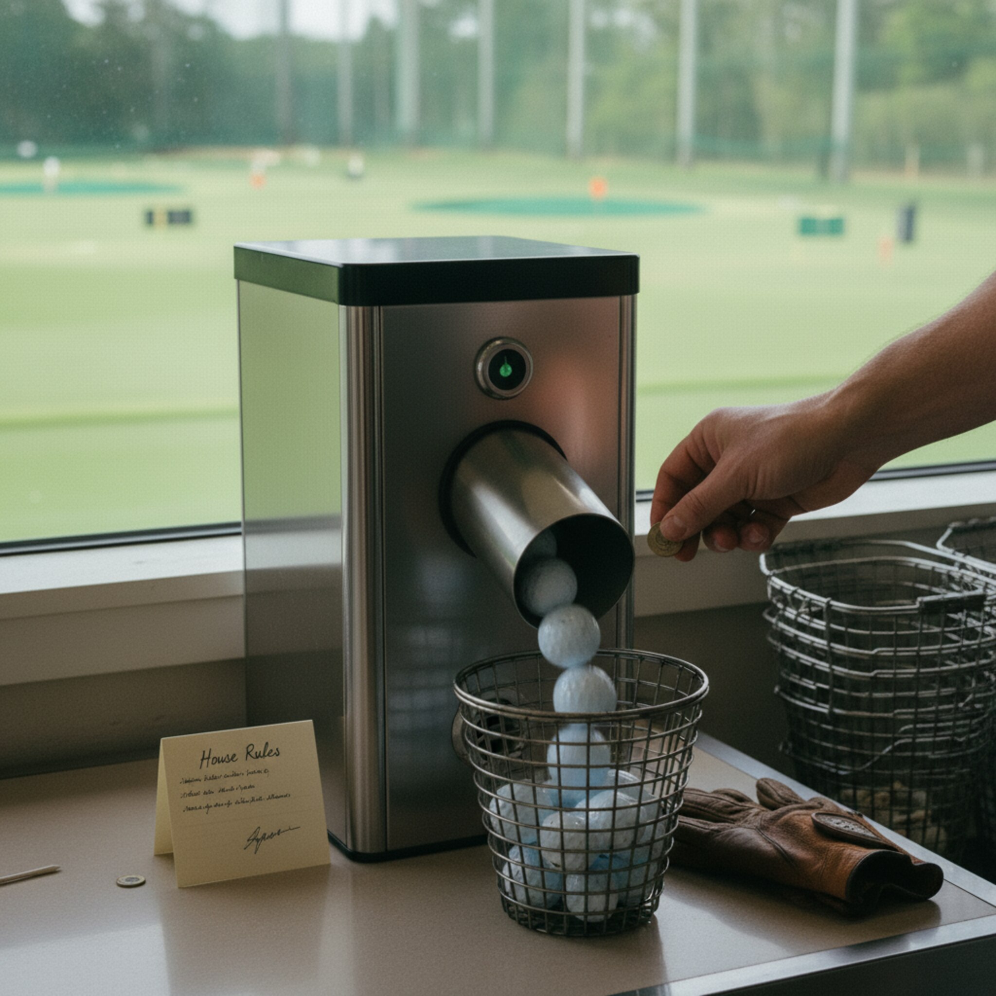 Ein Ballautomat wirft gleichmäßig Bälle in einen Korb, eine Hand hält ein kleines Token bereit. Ein kurzer Piepton, dann rollen die Bälle. Neben dem Ausgabeschacht liegt eine handsignierte Notiz mit Hausregeln. Die Umgebung wirkt aufgeräumt und professionell.