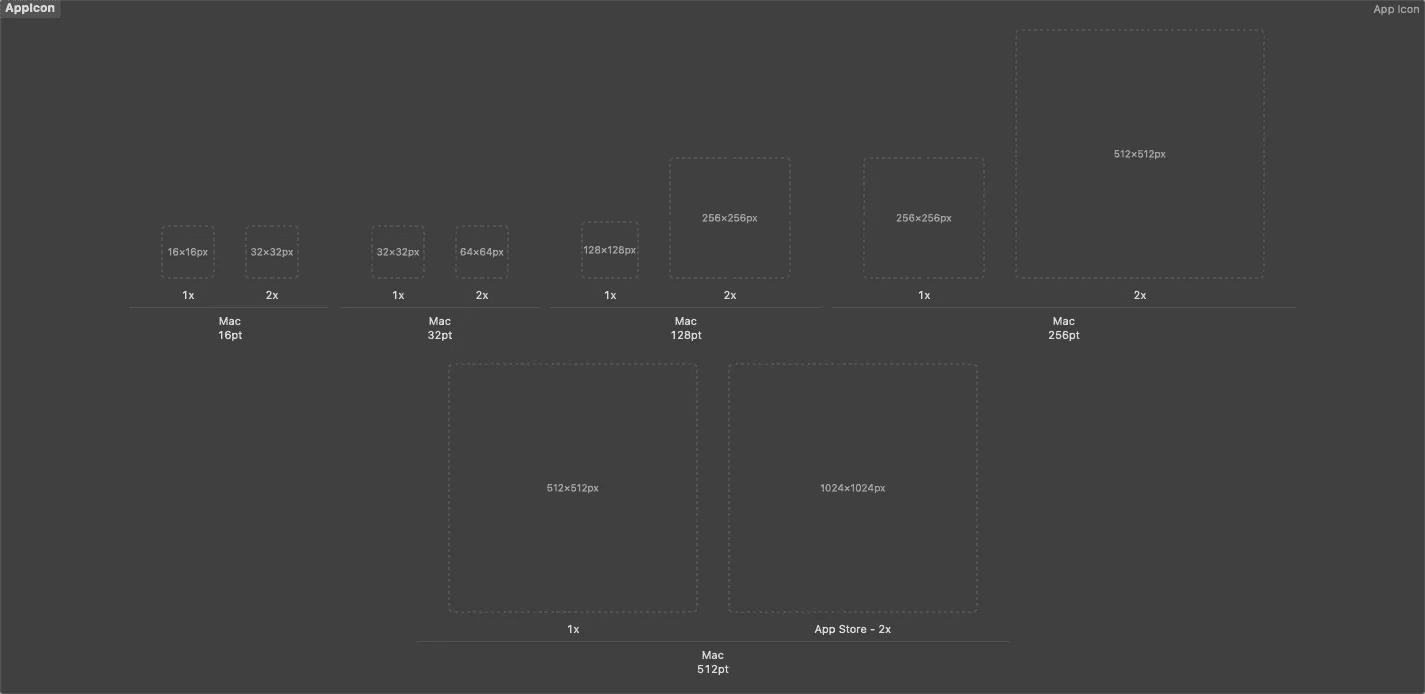 macOS app icon asset overview in Xcode