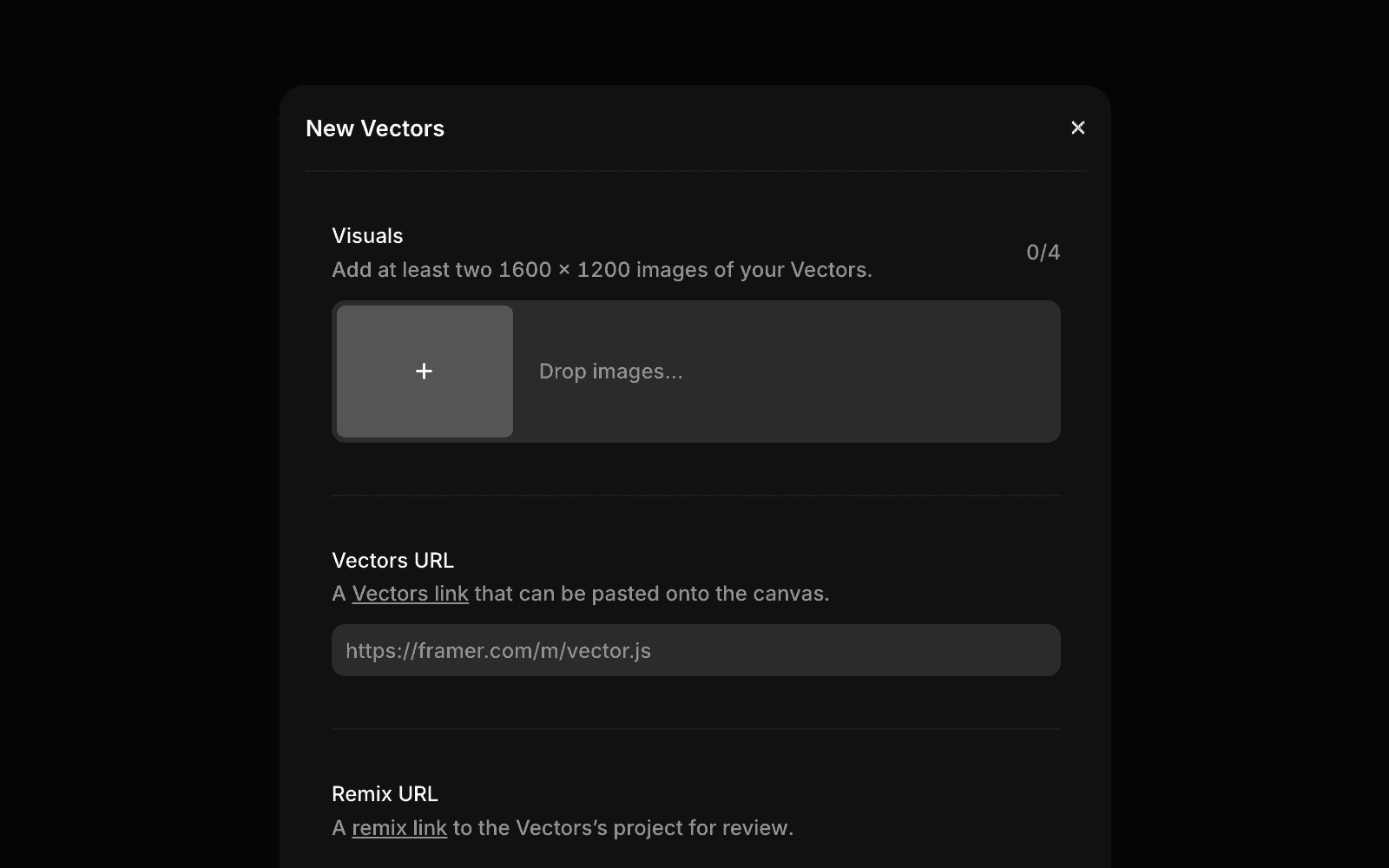 Framer Creator Dashboard 矢量提交窗口