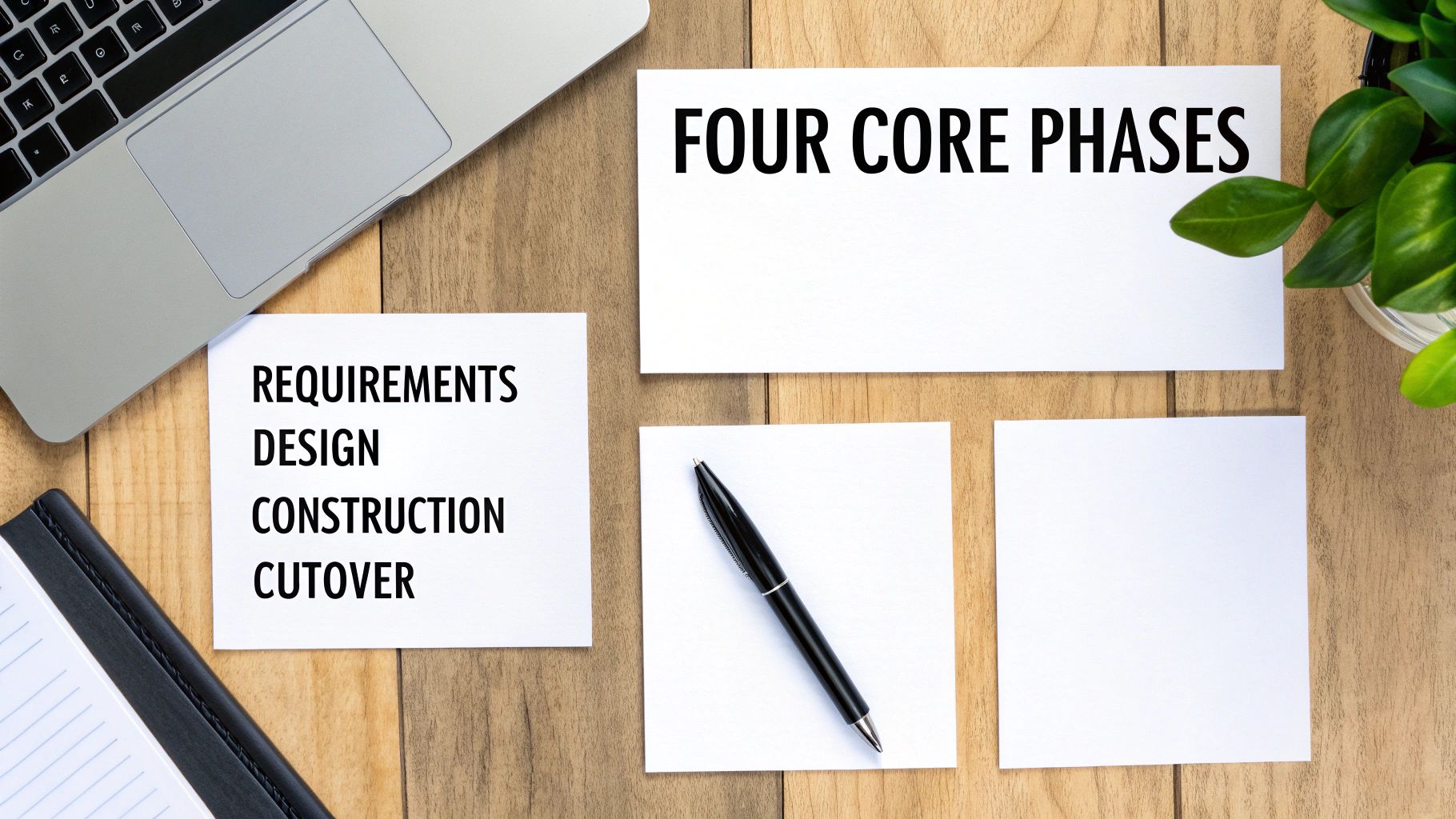 Four core phases of project management displayed on white cards with laptop and pen on wooden desk