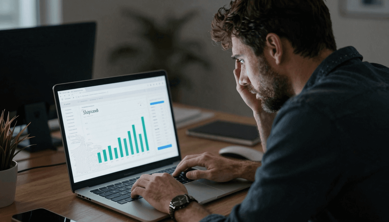 Frustrated dropshipper looking at Shopify dashboard with zero sales