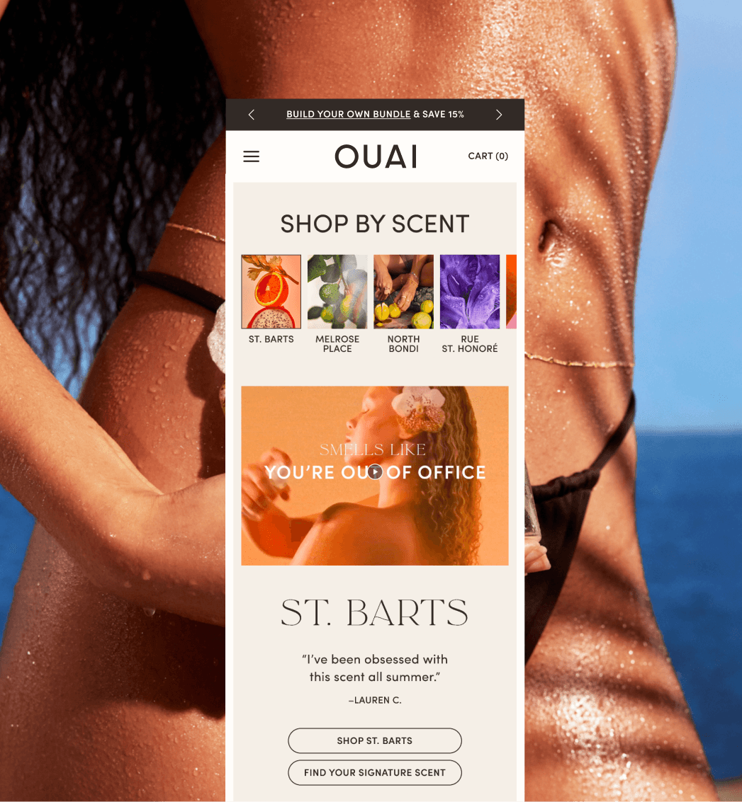 OUAI mobile storefront highlighting fragrance and scent collections