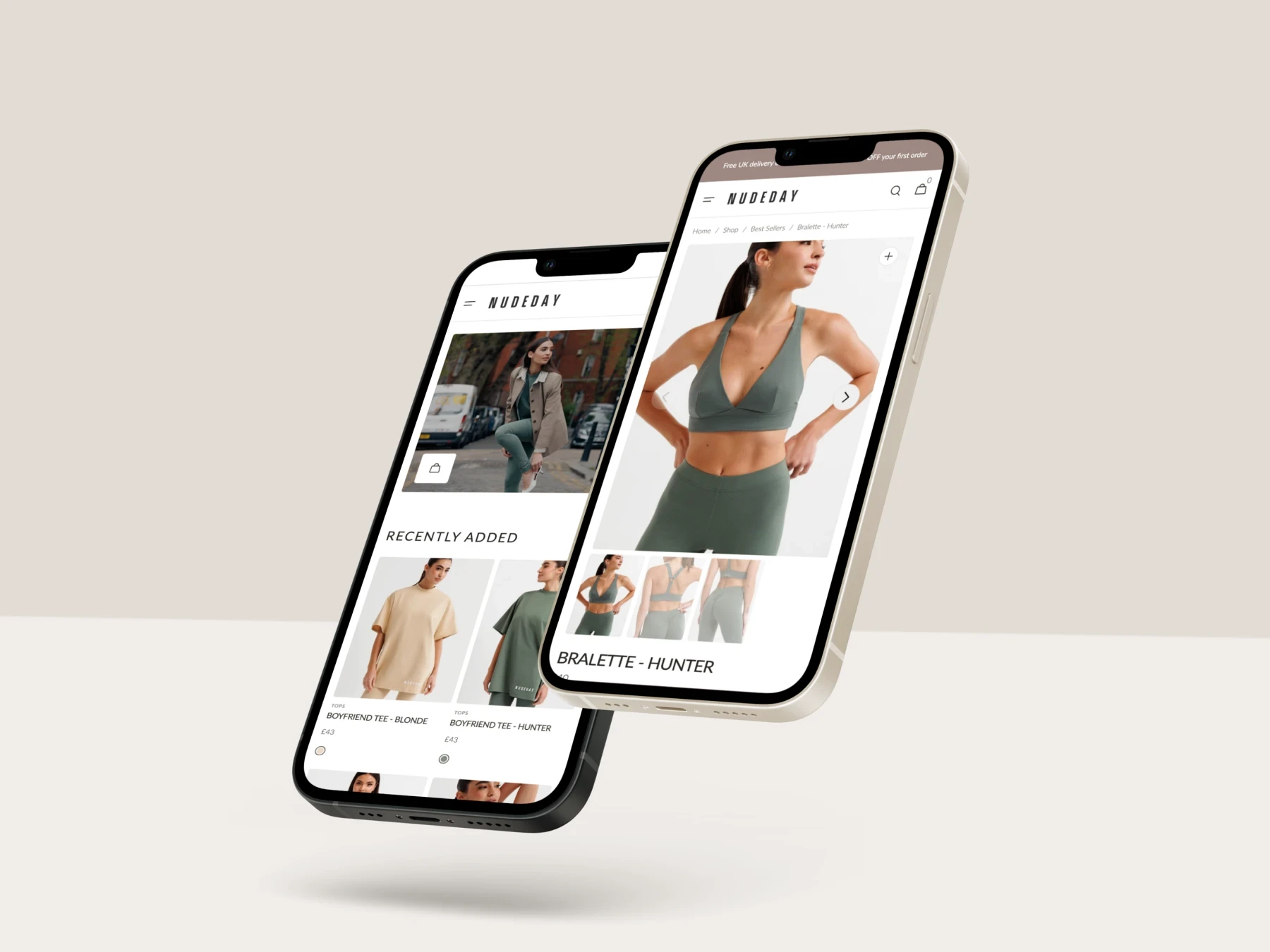 Phones showing a website design for Nude Day Clothing