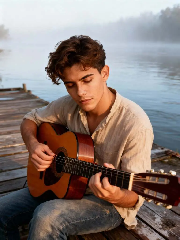 Young man tuning guitar by misty river, calm morning, Luma AI Dream Machine style.