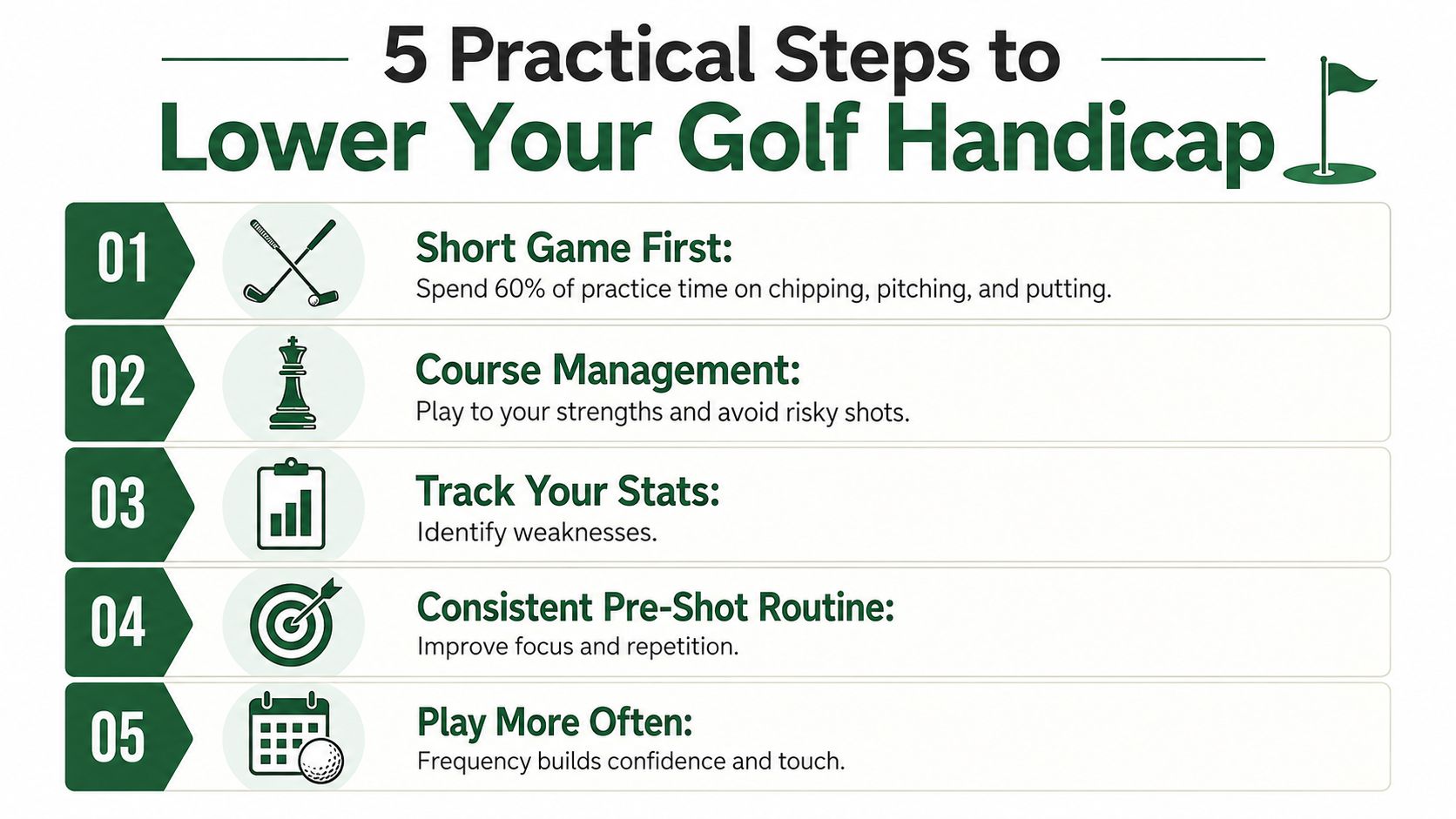 An infographic titled 5 Practical Steps to Lower Your Golf Handicap, listing strategies to improve golf performance.