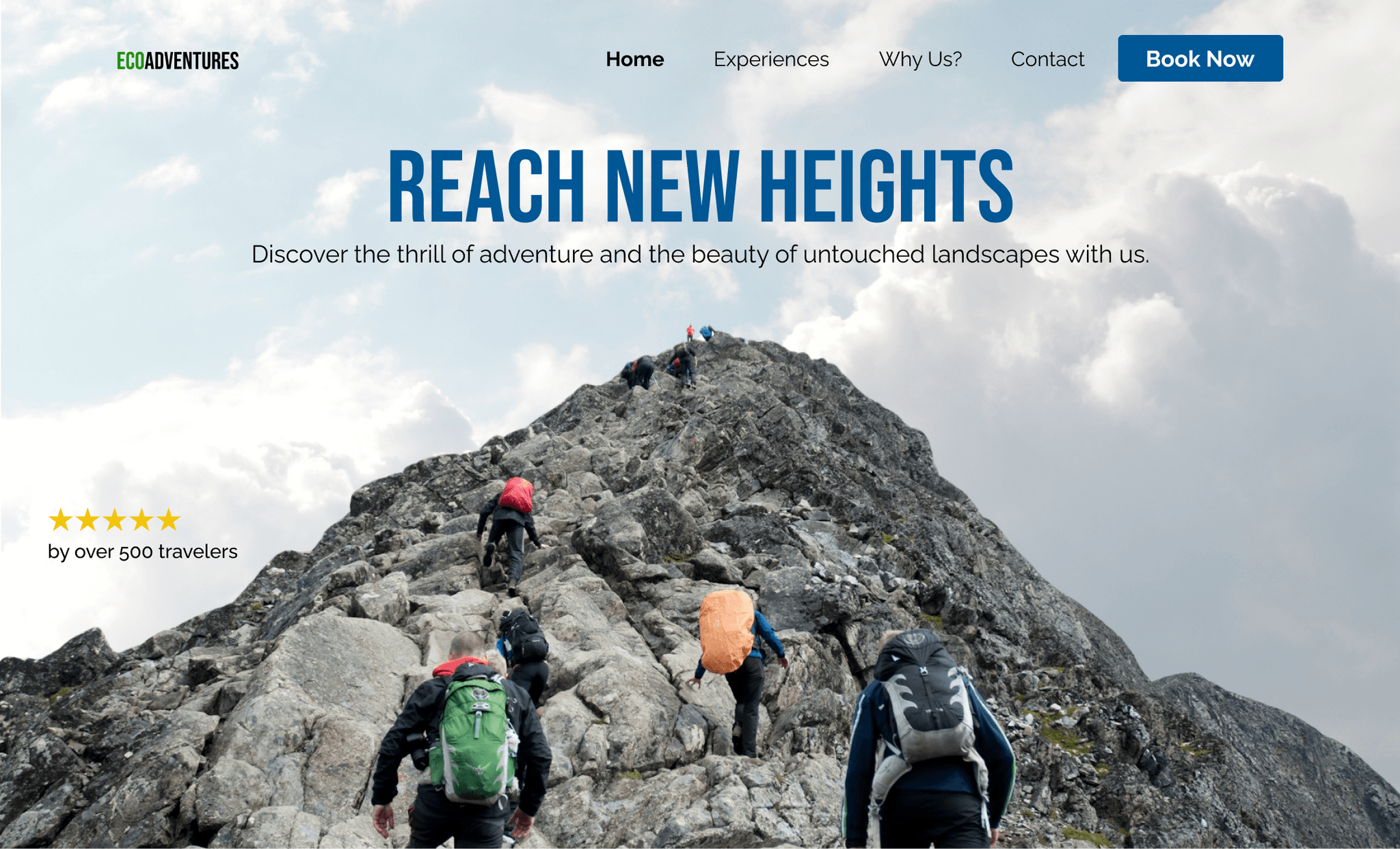 A group of hikers climbing a rocky mountain under a cloudy sky. The lead hiker is wearing a red backpack, and the scene is focused on the adventurous ascent.