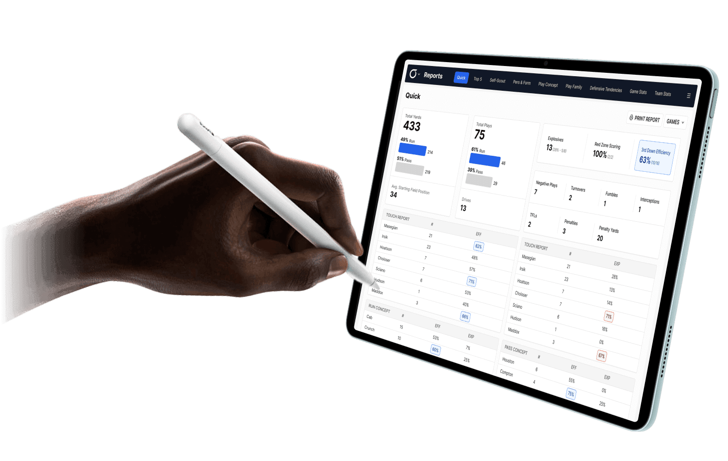Coach using stylus to tag plays on a tablet — Modern Football's fast, flexible play charting workflow