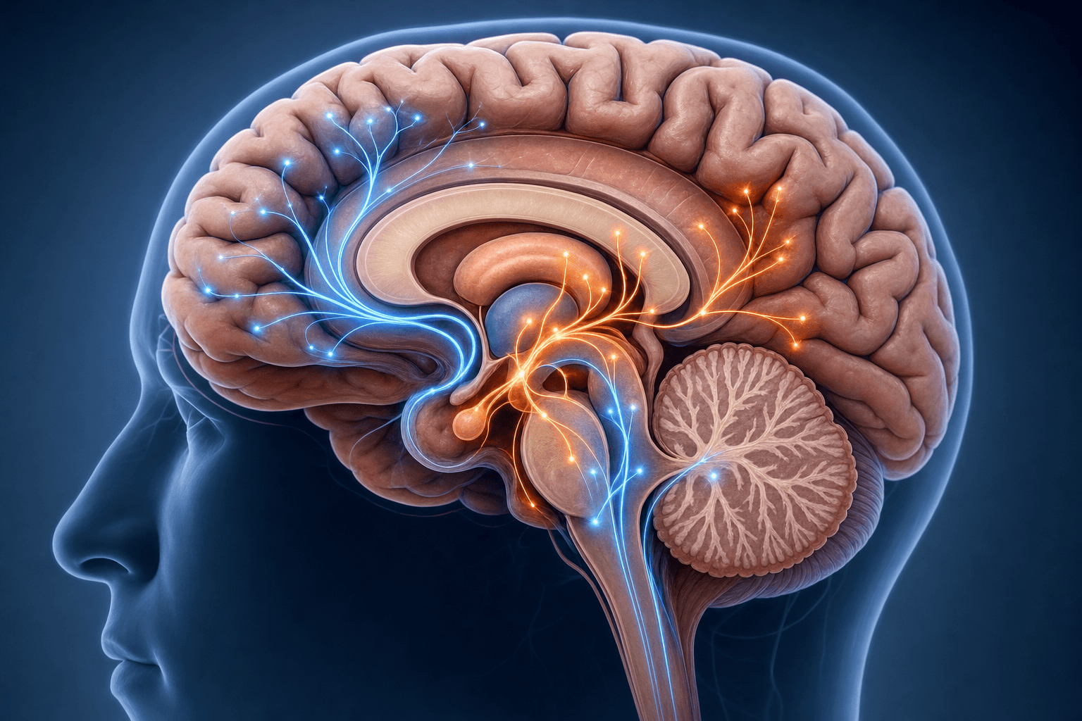 A clean, medical illustration showing a cross-section of a human brain with highlighted neural pathways and neurotransmitter activity, focusing on dopamine and norepinephrine systems. The image should show interconnected brain regions with subtle glowing neural connections in blue and orange tones against a soft gradient background. Modern, scientific style with depth and clarity, no text or labels.