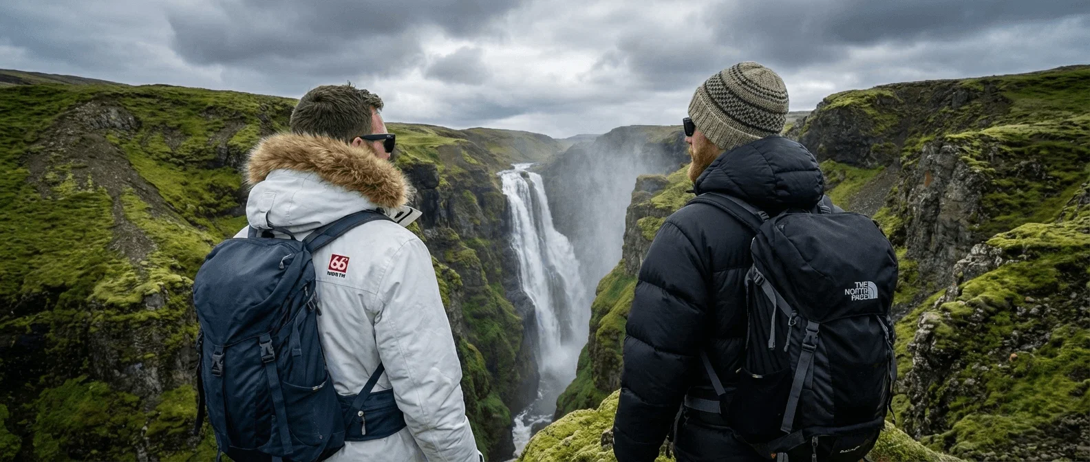 Two men standing and looking at a large waterfall in a green canyon.