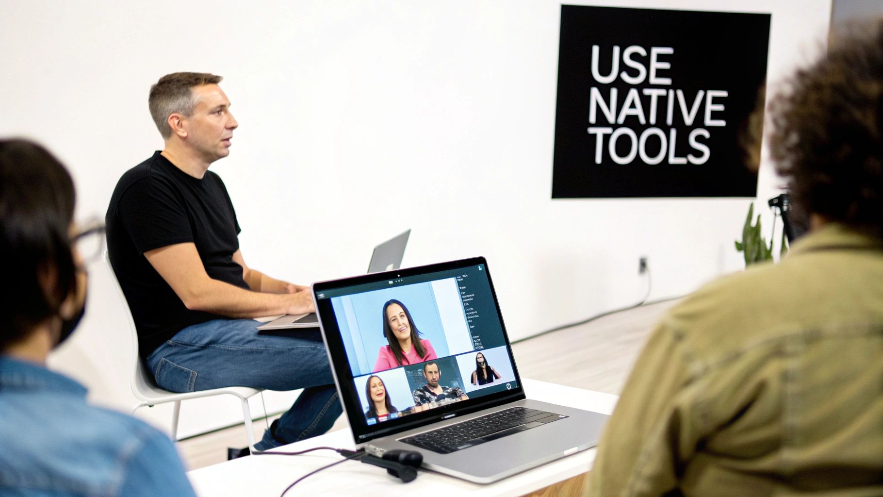 A man presents during a hybrid meeting, with a video call on a laptop and a sign 